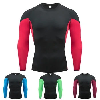 Kontrastējošas Krāsas Pretbloķēšanas Elastīgās Vīriešu T-Krekls Ar Garām Piedurknēm Kompresijas Darbojas Audums Dry Fit Sporta Āra Skriešanas Fitnesa