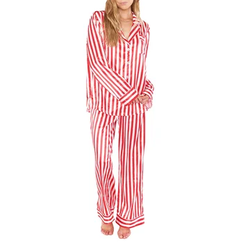 Svītru Pidžamas Ziemassvētku Loungewear Sievietes, Viena Krūšu Krekls ar garām Piedurknēm Topi ar Kabatas un Bikses Jauno Gadu Sleepwear